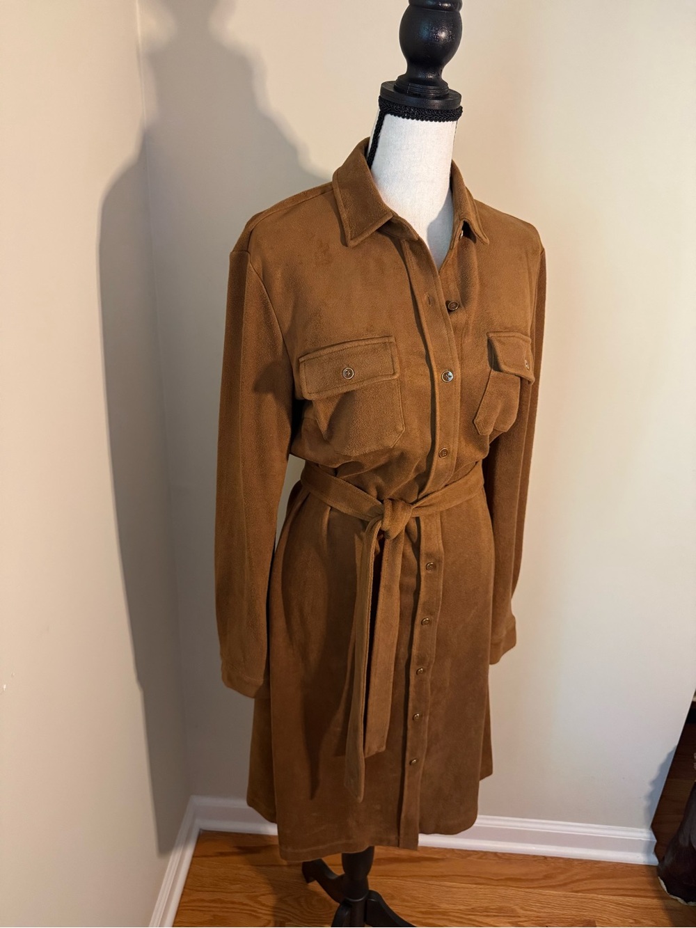 J McLaughlin Chestnut Brown Long-Sleeve Shirt Dress with Self-Tie Waist